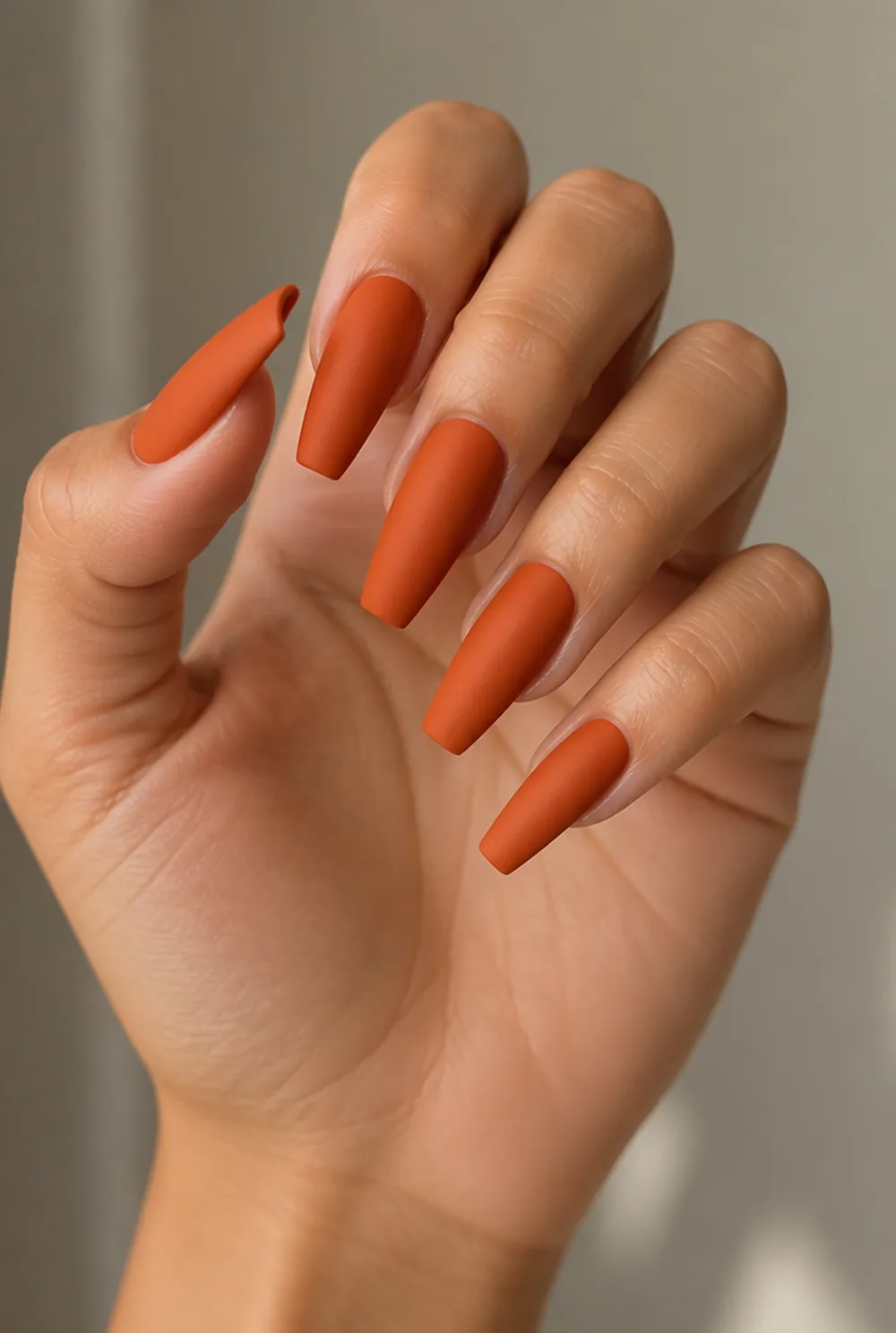 matte pumpkin coffin nail art on olive skin, long length
