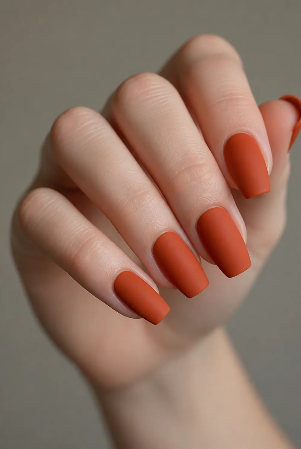 matte pumpkin coffin nail art on fair skin, short length