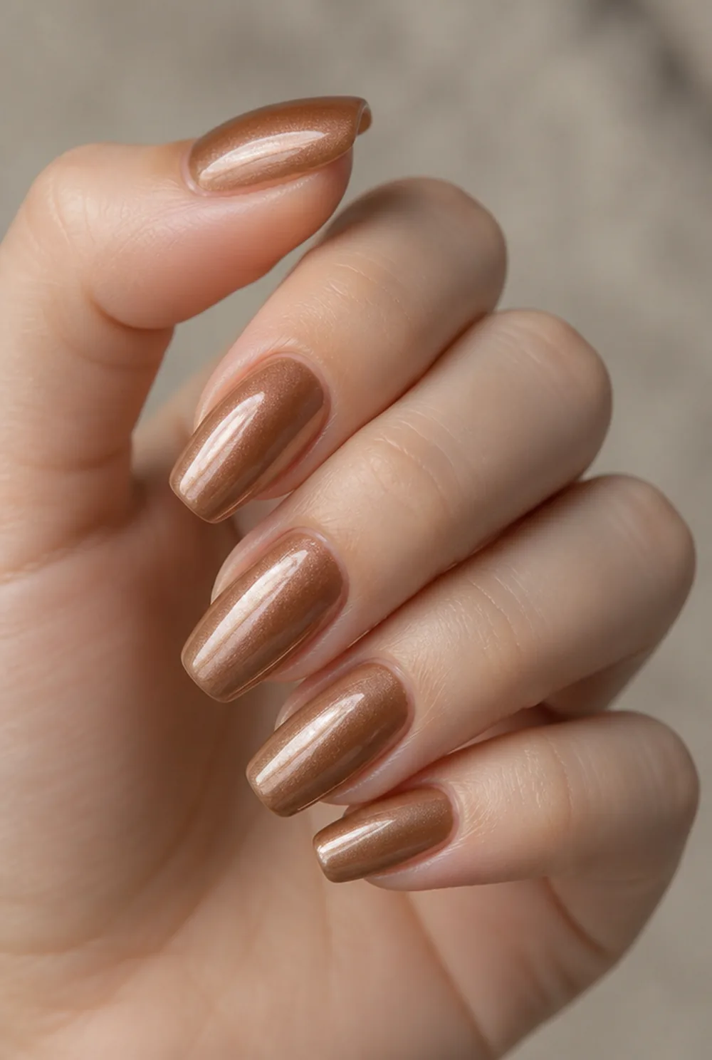 cinnamon glaze coffin nail art on fair skin, short length