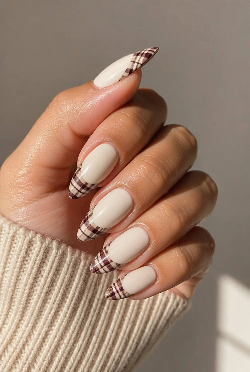 plaid tips nail art on olive skin, long length