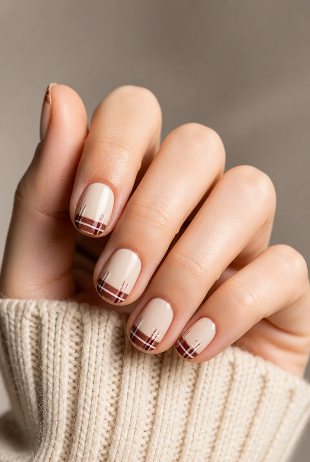 plaid tips nail art on fair skin, short length