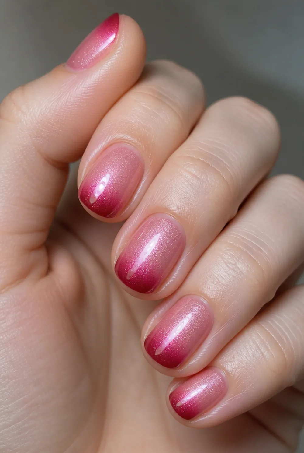 cranberry tips with a shimmer base nail art on fair skin, short length