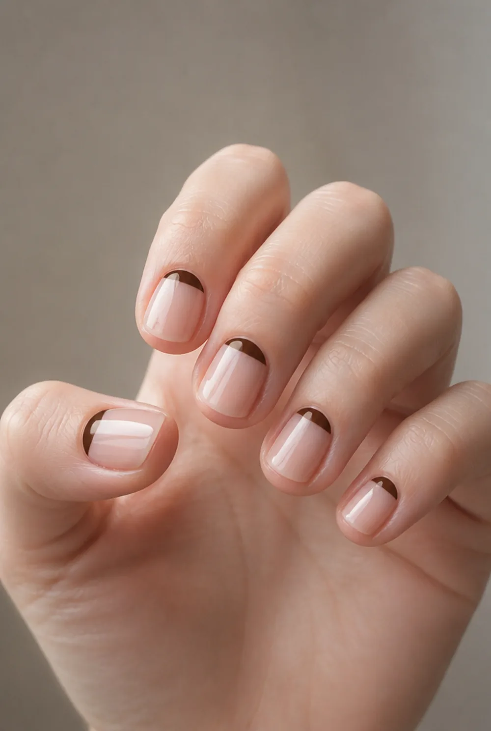 espresso reverse french nail art on fair skin, short length
