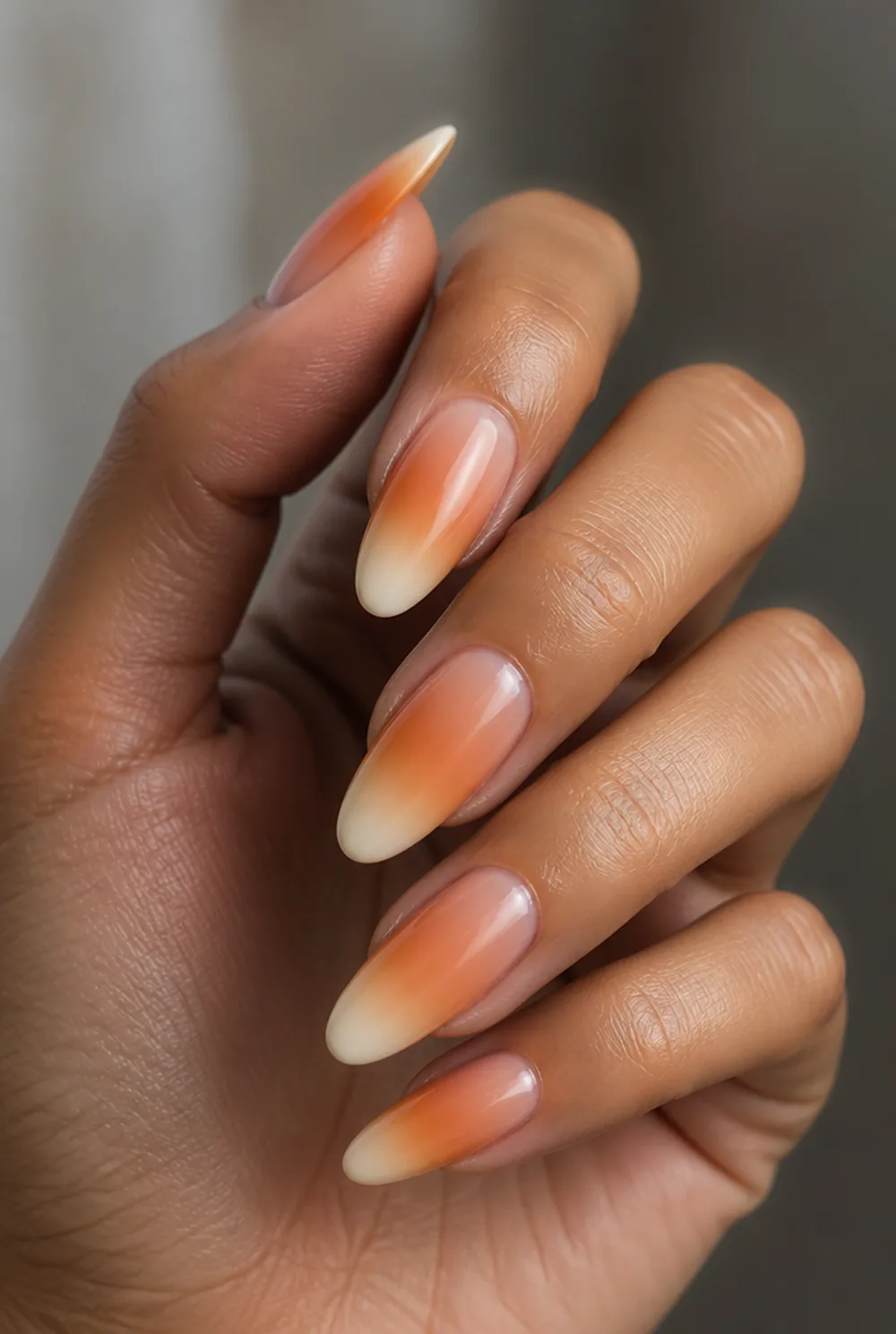 pumpkin spice ombre french nail art on olive skin, long length
