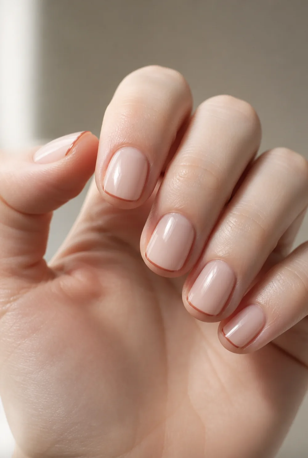 rust micro-french on short nails nail art on fair skin, short length