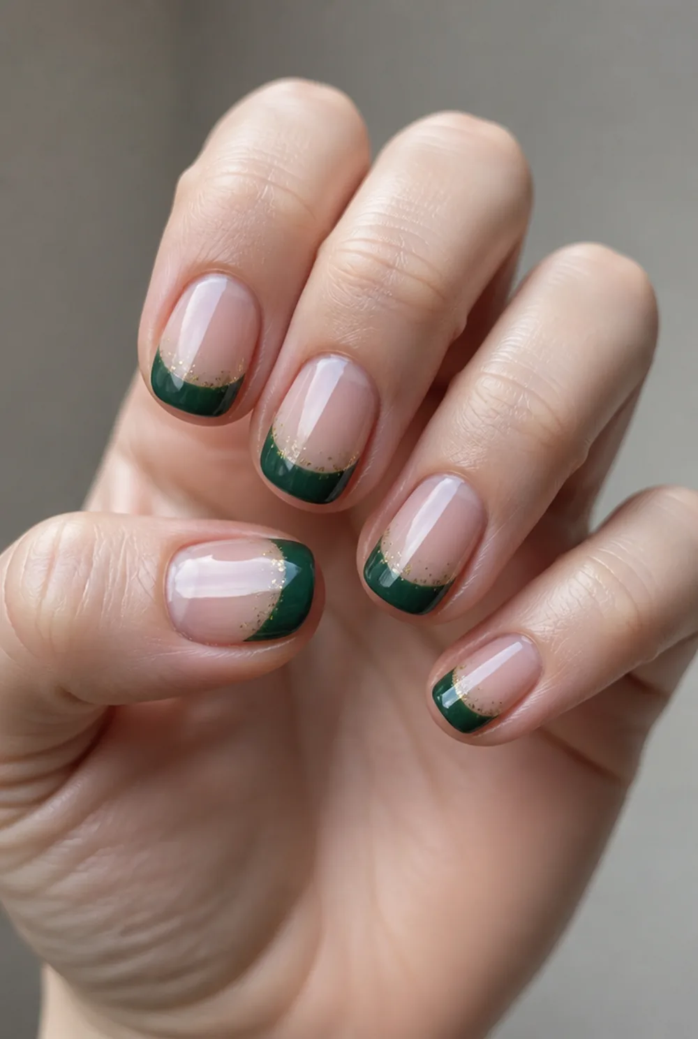 deep green tips with gold fleck nail art on fair skin, short length
