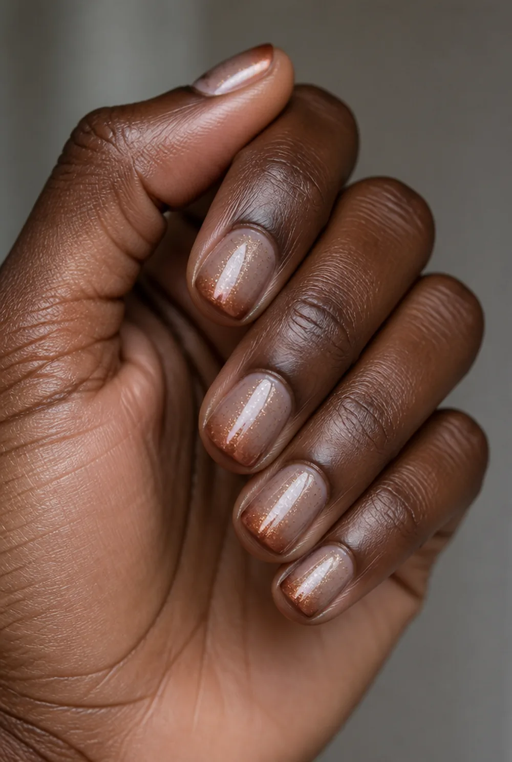 cinnamon sugar shimmer french nail art on deep brown skin