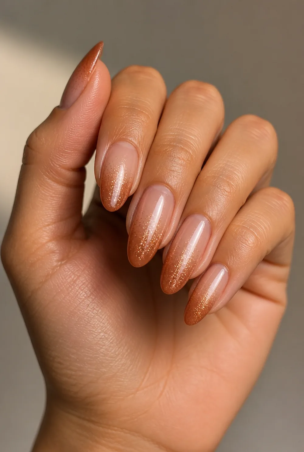 cinnamon sugar shimmer french nail art on olive skin, long length