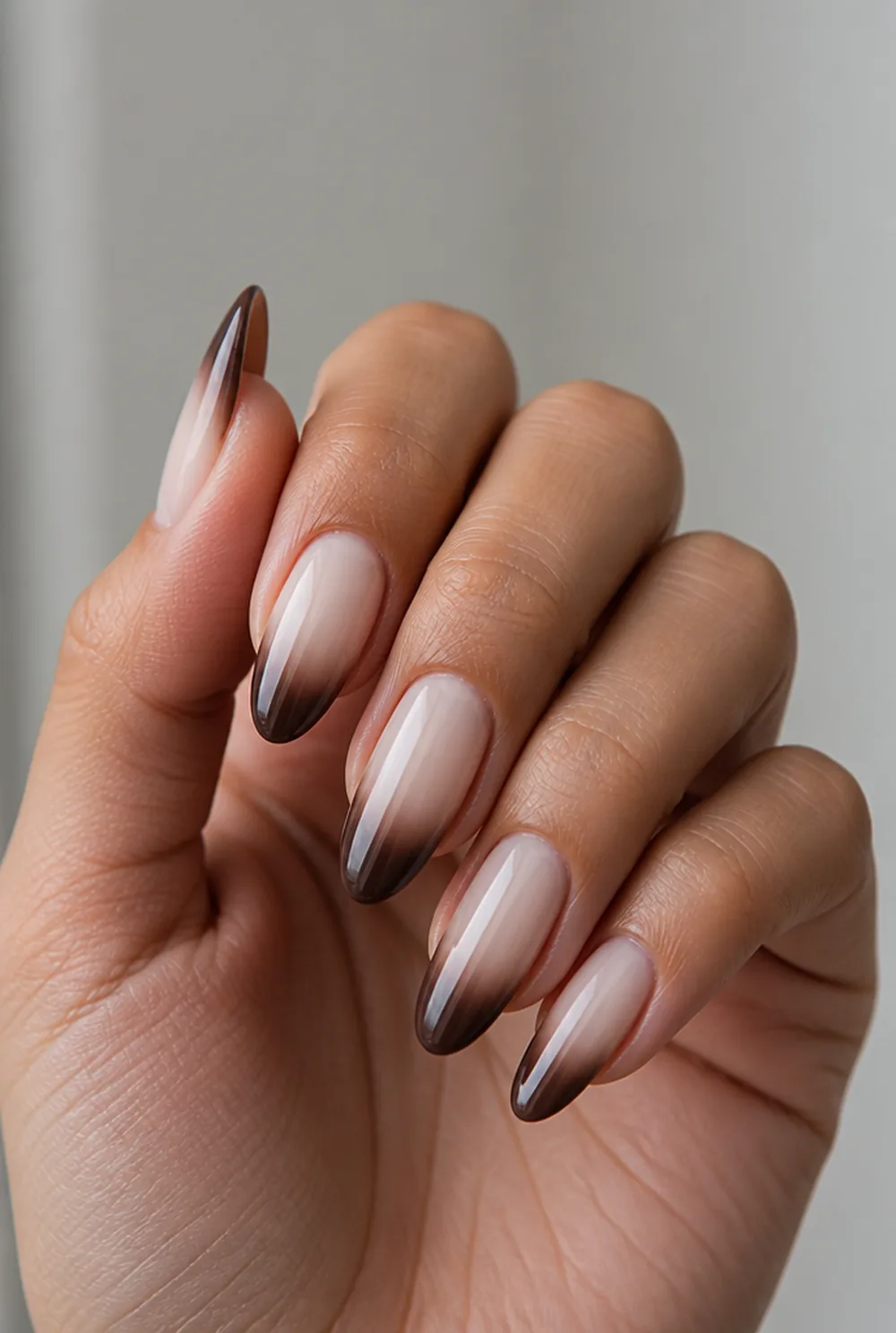 chocolate brown tips nail art on olive skin, long length