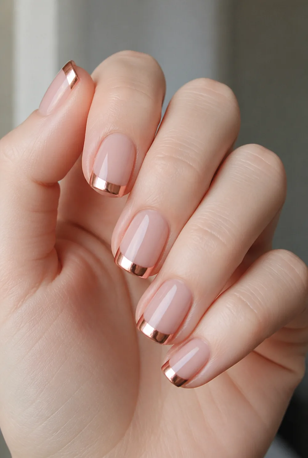 copper chrome tips nail art on fair skin, short length
