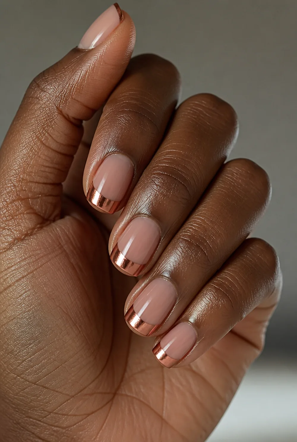 copper chrome tips nail art on deep brown skin