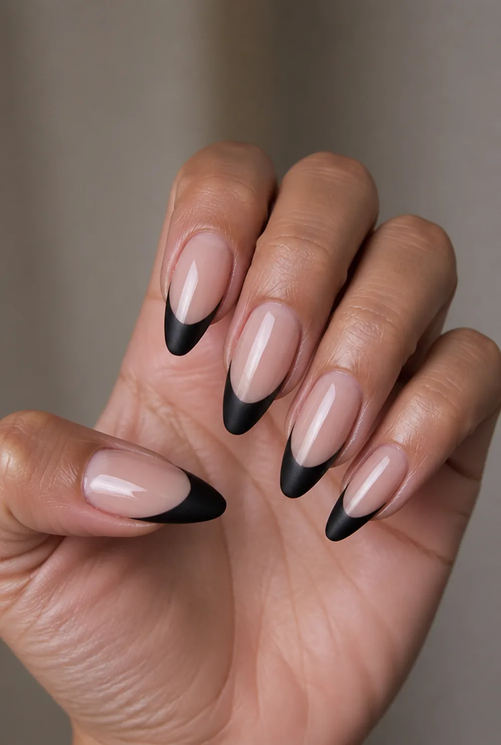 matte black french nail art on olive skin, long length