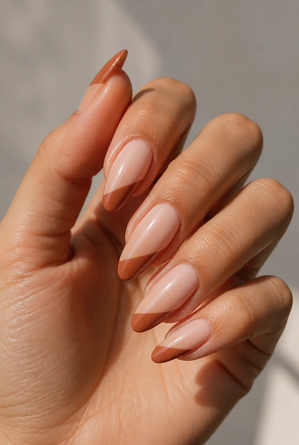 diagonal fall french nail art on olive skin, long length