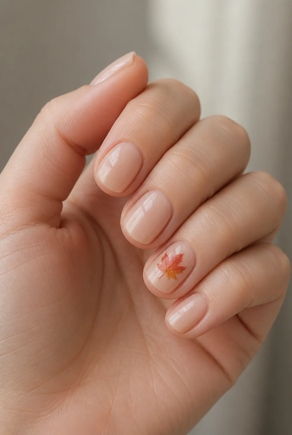 maple leaf accents nail art on fair skin, short length