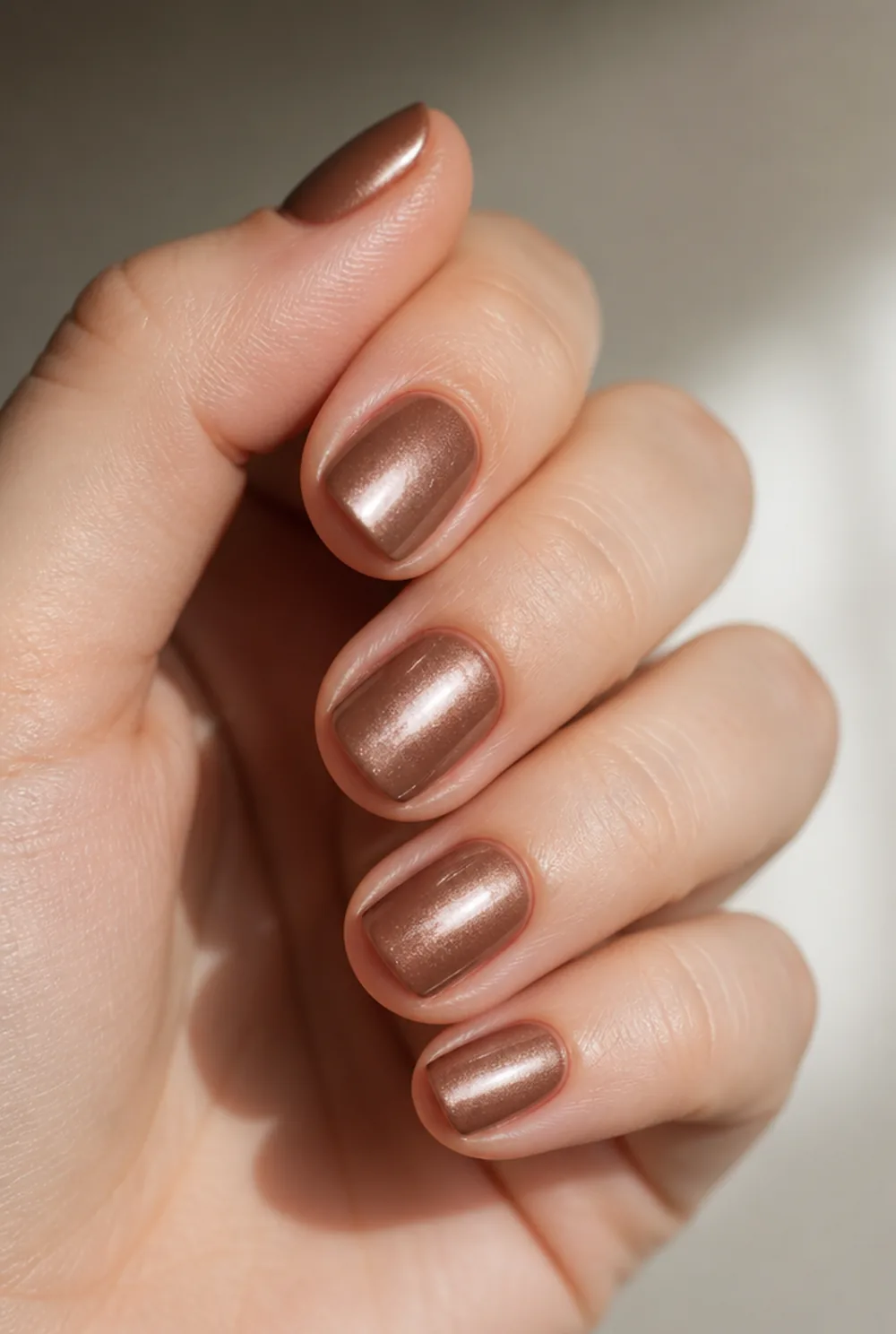 glazed cinnamon nail art on fair skin, short length