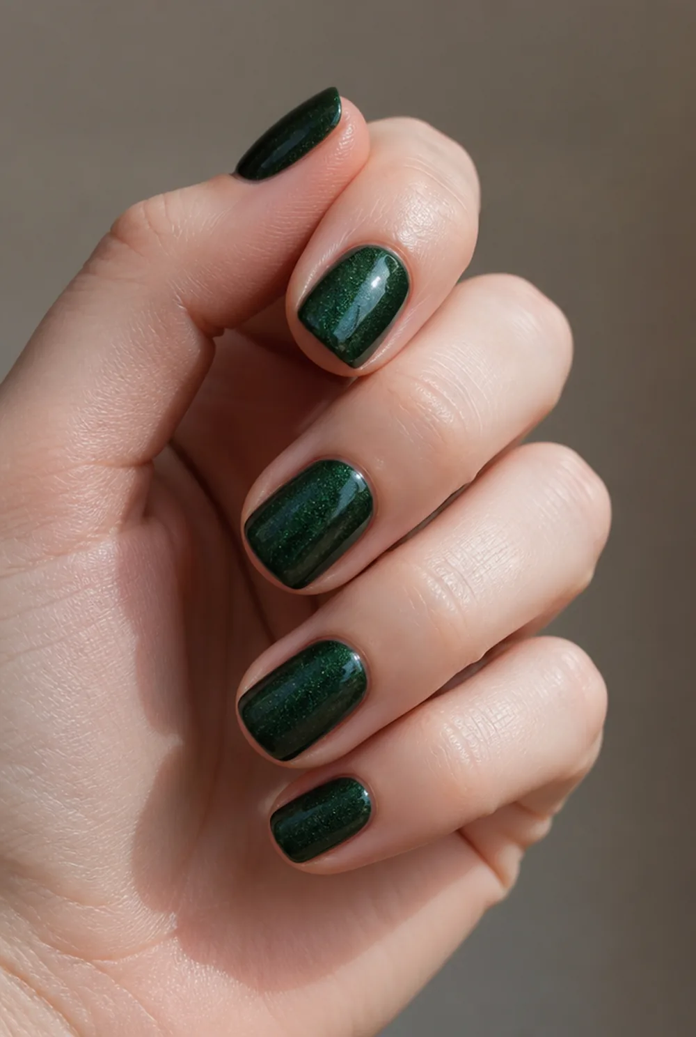 forest green velvet nail art on fair skin, short length