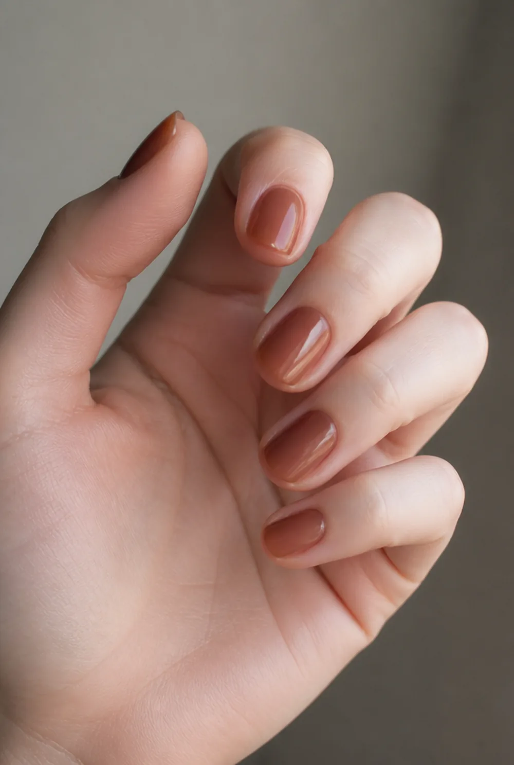 sheer espresso nail art on fair skin, short length