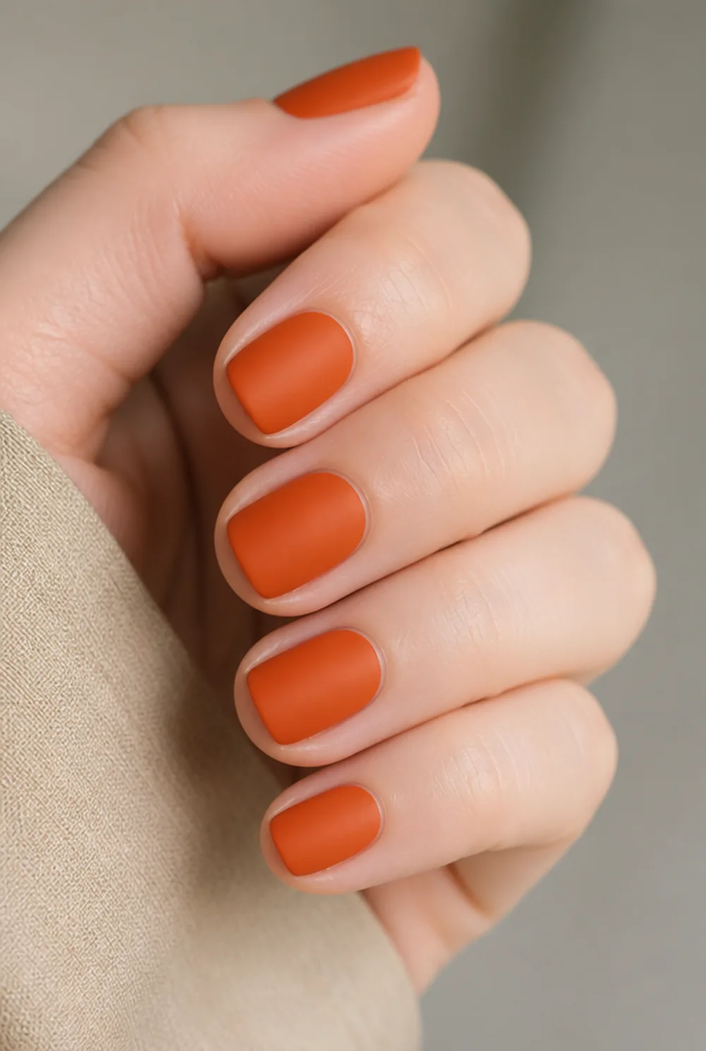 matte pumpkin nail art on fair skin, short length