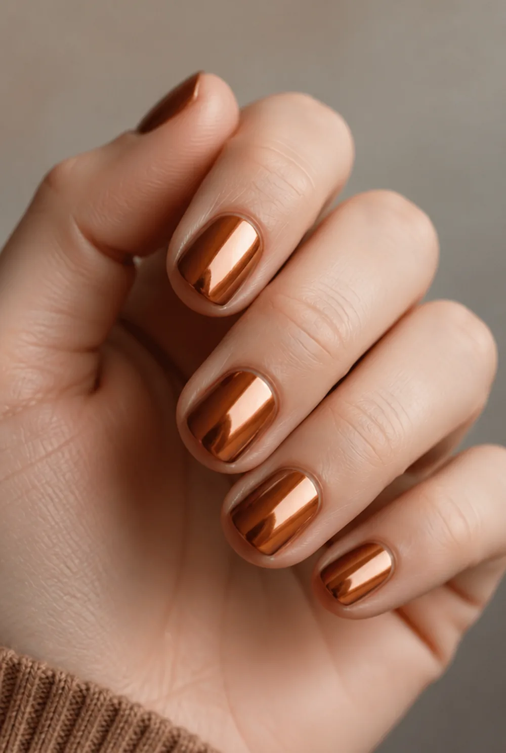 copper chrome nail art on fair skin, short length