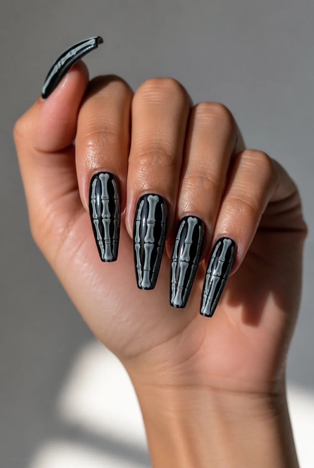 skeleton hands nail art on olive skin long length - PolishedAndPrettyNails.com skeleton hands nail art on olive skin, long length