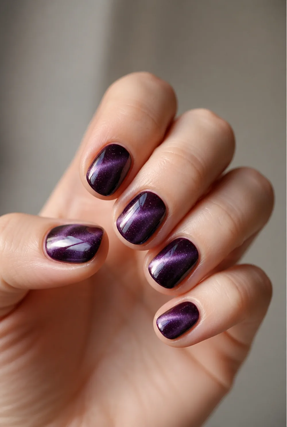 witchy purple cat eye nail art on fair skin short length - PolishedAndPrettyNails.com witchy purple cat eye nail art on fair skin, short length