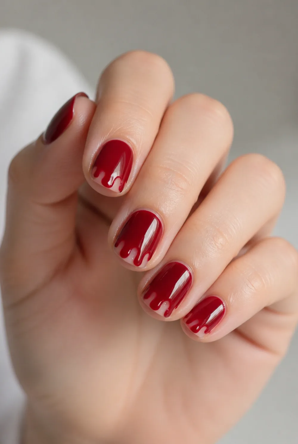 blood drip french nail art on fair skin short length - PolishedAndPrettyNails.com blood drip french nail art on fair skin, short length