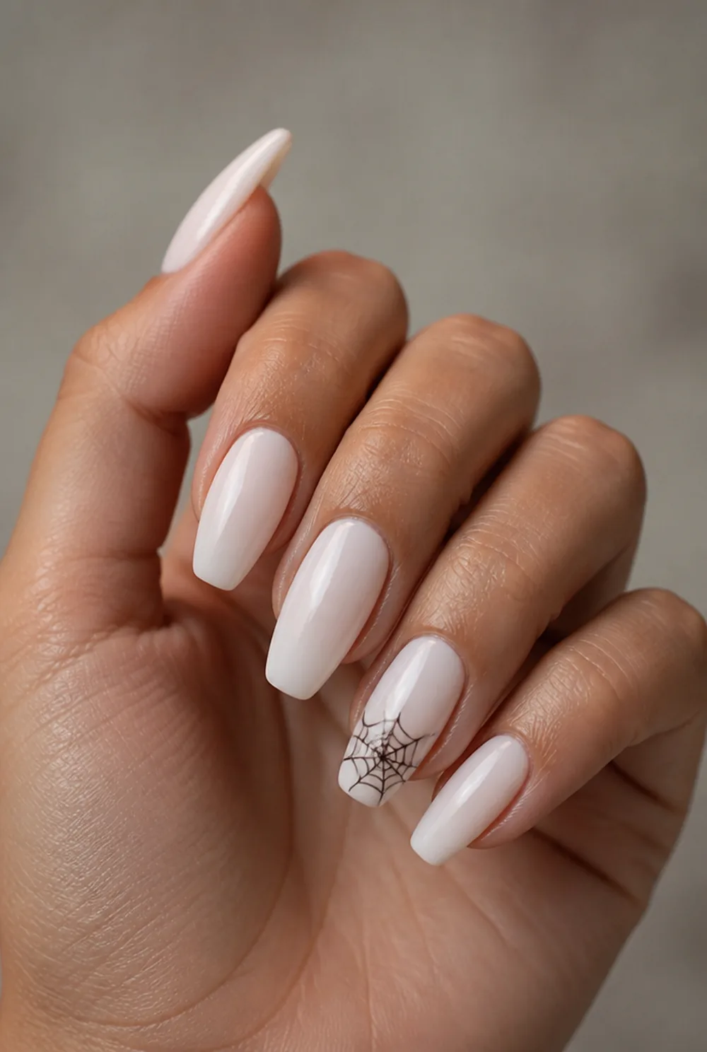 spider web accent nail nail art on olive skin long length - PolishedAndPrettyNails.com spider web accent nail nail art on olive skin, long length