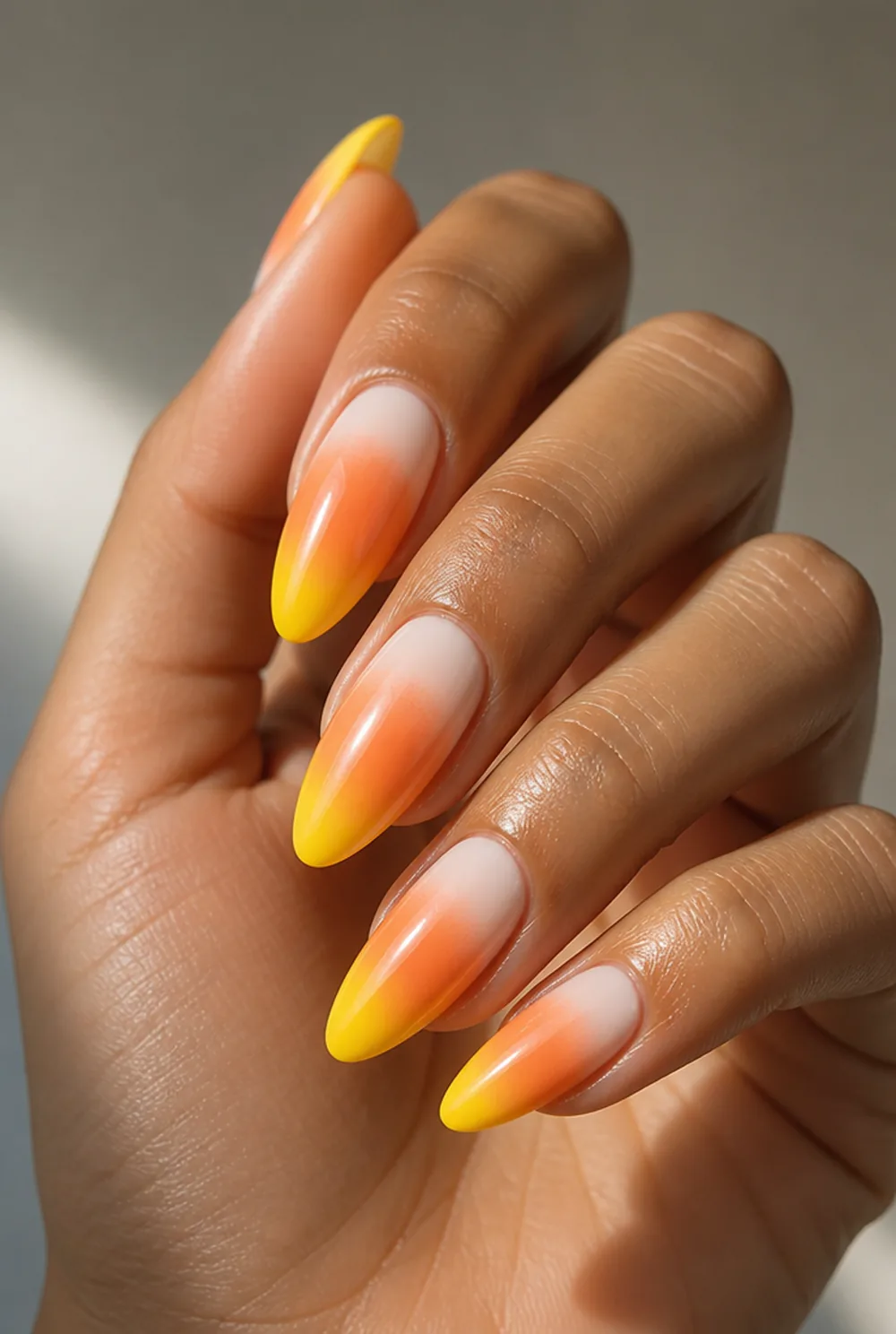 candy corn ombre nail art on olive skin long length - PolishedAndPrettyNails.com candy corn ombre nail art on olive skin, long length