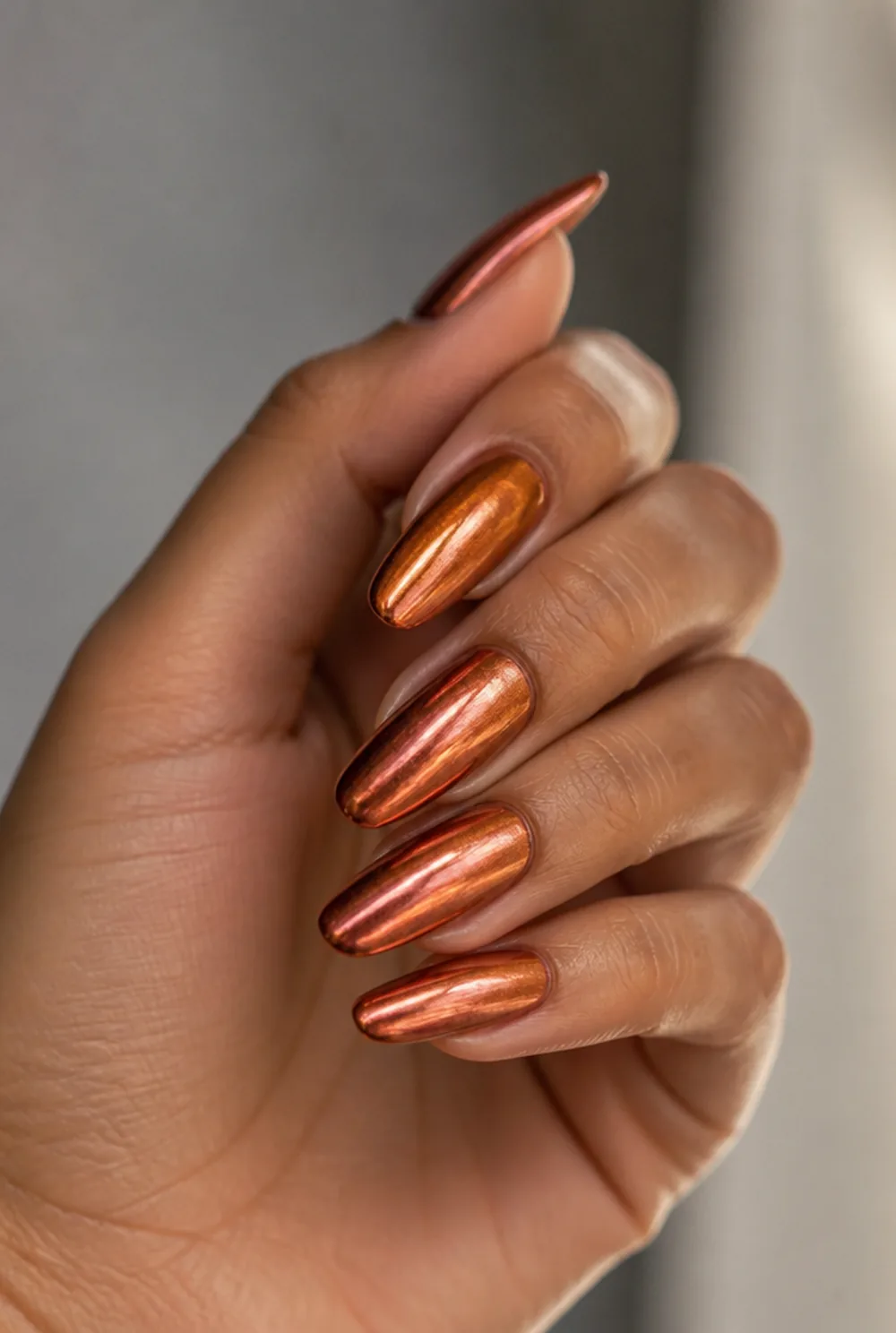 pumpkin spice chrome nail art on olive skin long length - PolishedAndPrettyNails.com pumpkin spice chrome nail art on olive skin, long length