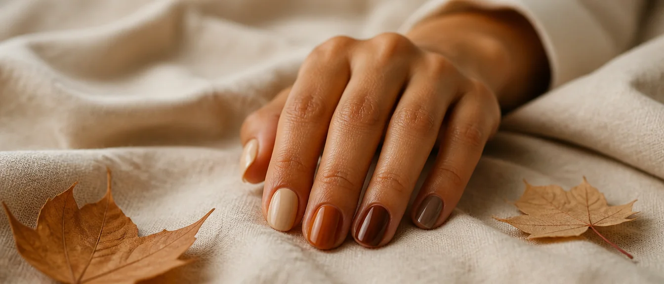 Butter rum autumn nail colors on short almond nails - PolishedAndPrettyNails.com Butter rum autumn nail colors on short almond nails