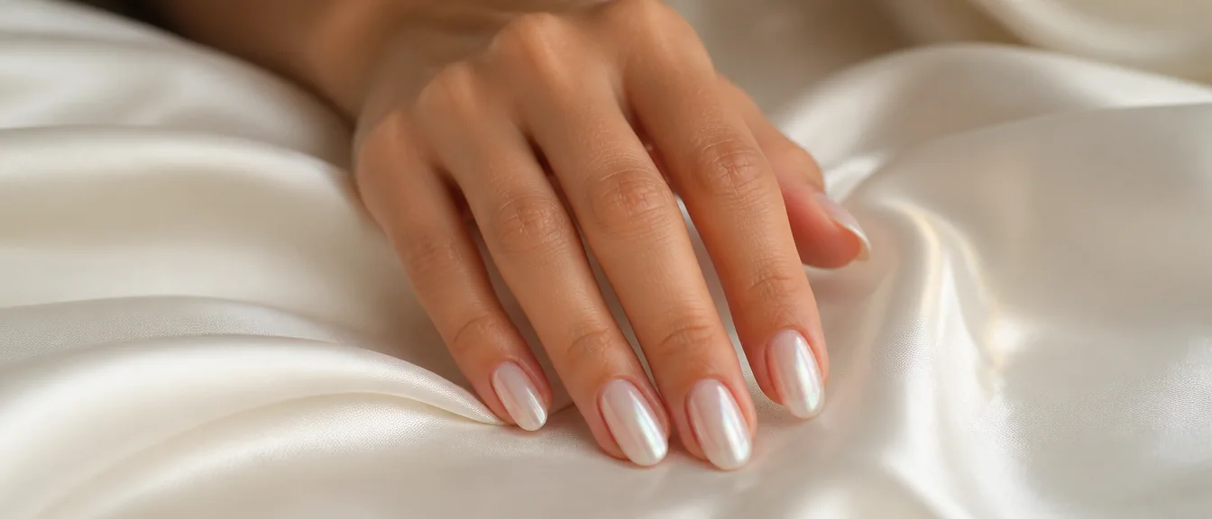 Classic glazed donut nails with pearl chrome over milky base