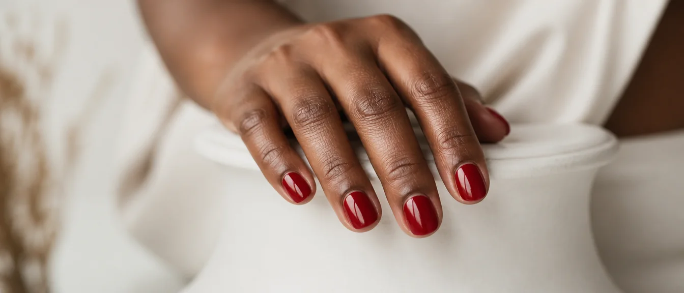 Classic cherry red nail design on short natural nails