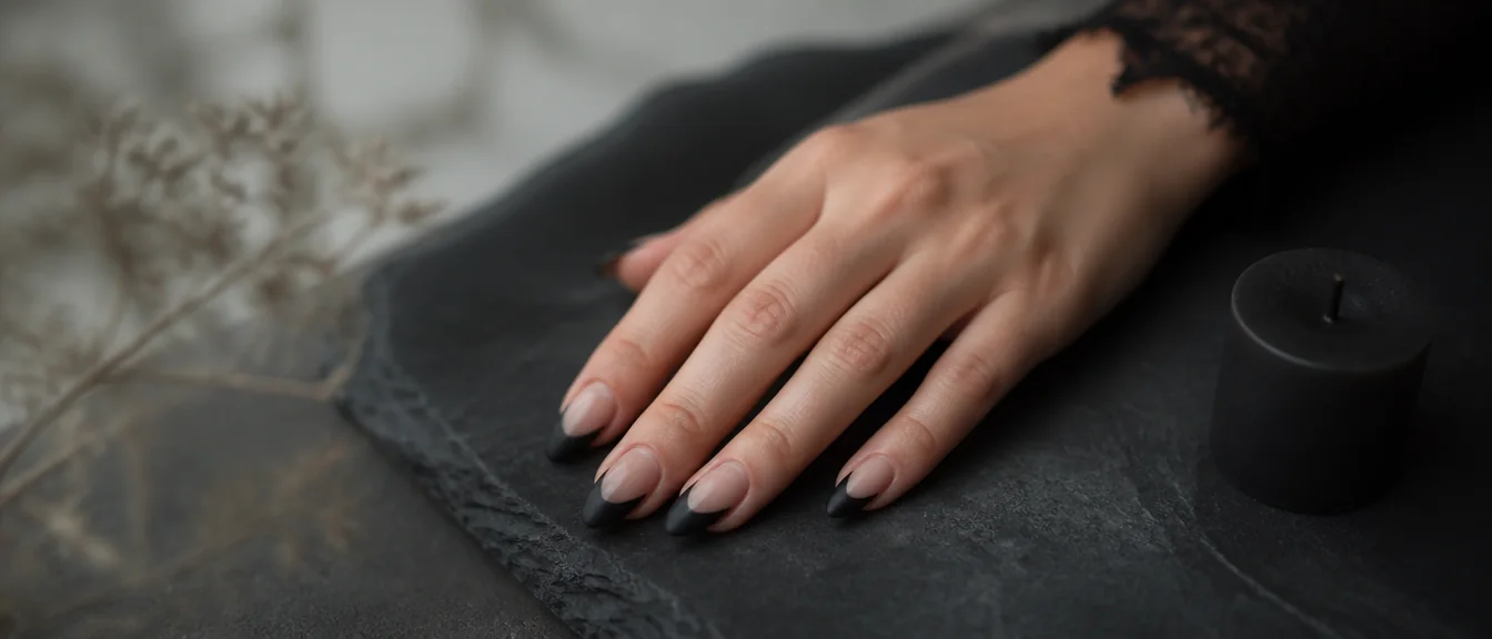 Matte black french tip halloween nails on short almond nails - PolishedAndPrettyNails.com Matte black french tip halloween nails on short almond nails