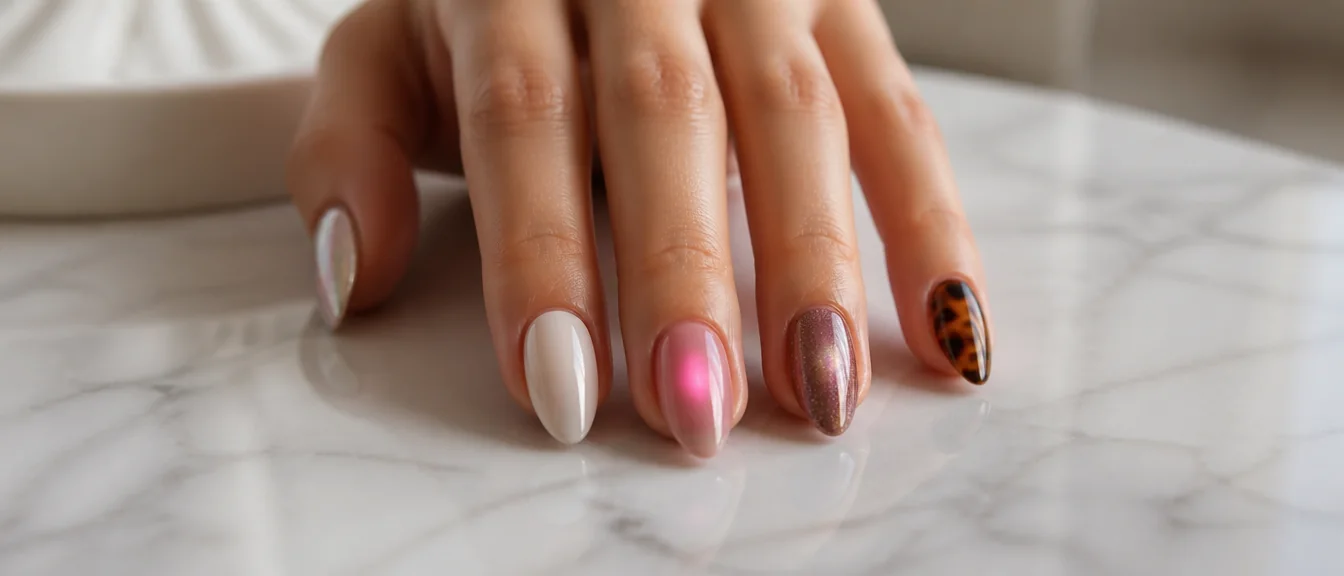 Each nail a different trending finish: pearly chrome, milky white, soft aura glow, cat-eye - PolishedAndPrettyNails.com Each nail a different trending finish: pearly chrome, milky white, soft aura glow, cat-eye shimmer and tortoiseshell,…