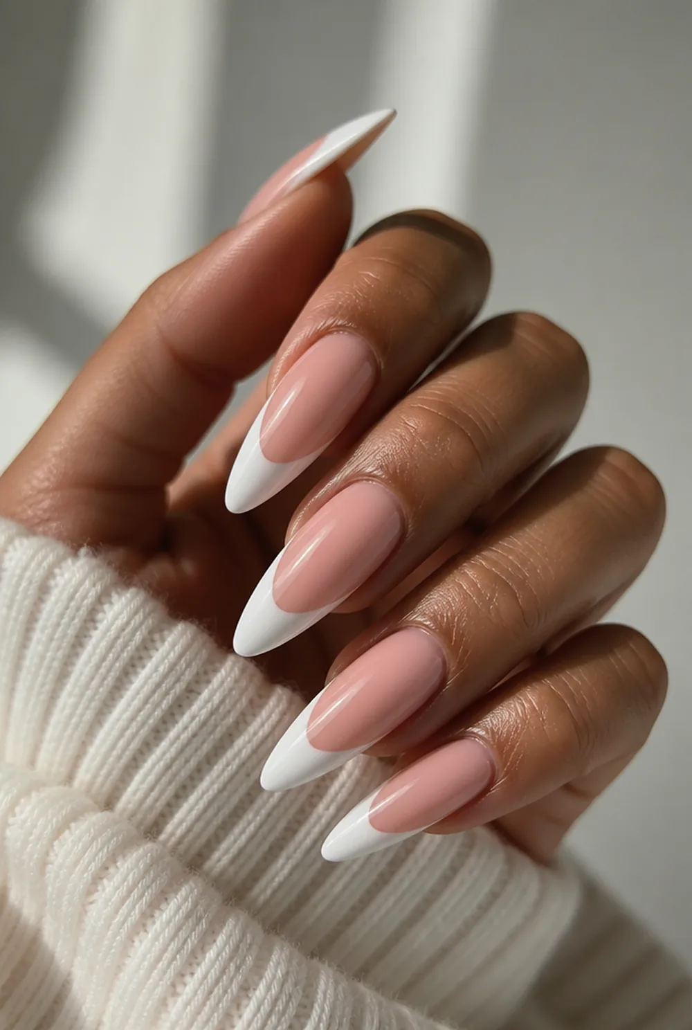 long almond french nail art on olive skin long length - PolishedAndPrettyNails.com long almond french nail art on olive skin, long length