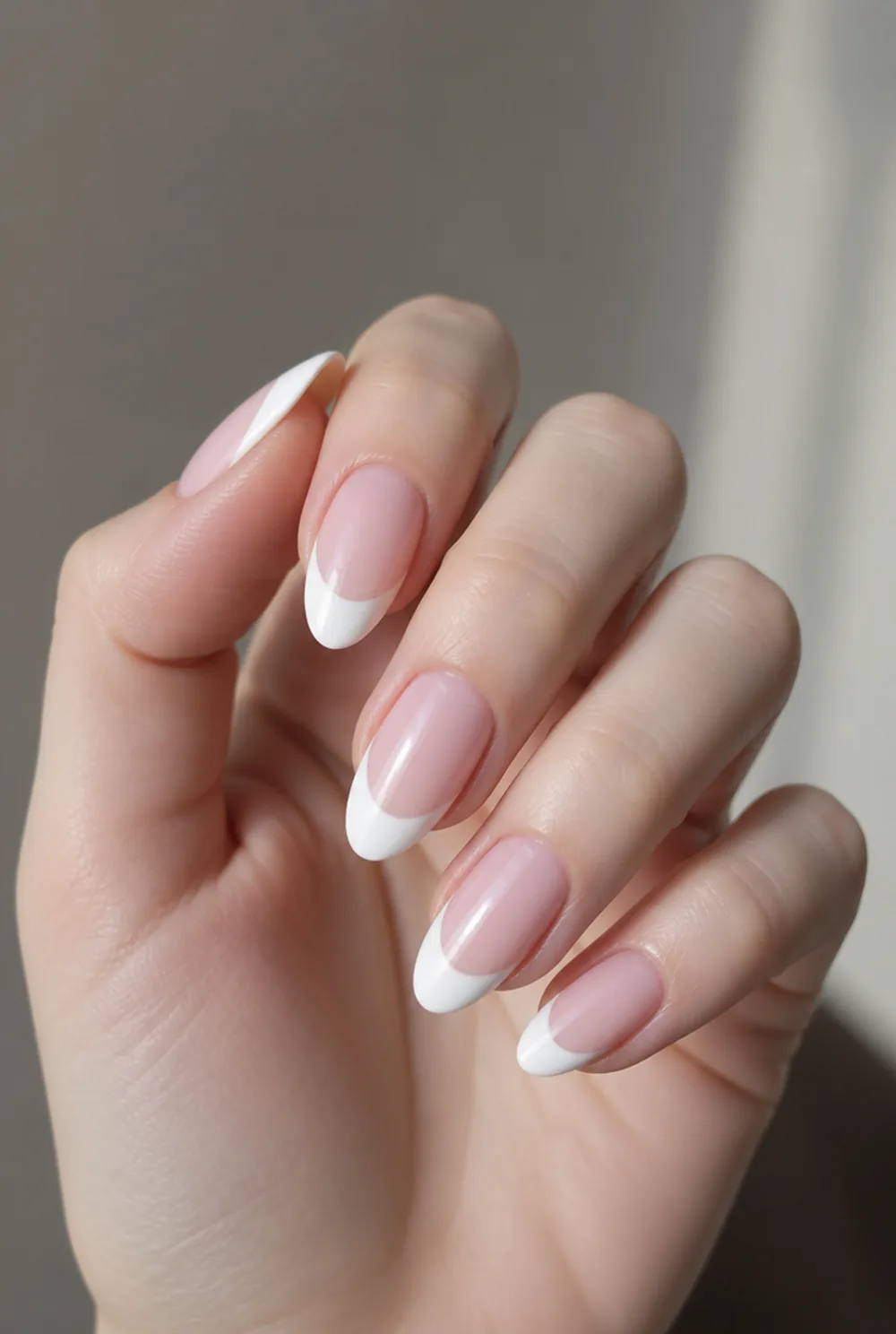 long almond french nail art on fair skin short length - PolishedAndPrettyNails.com long almond french nail art on fair skin, short length