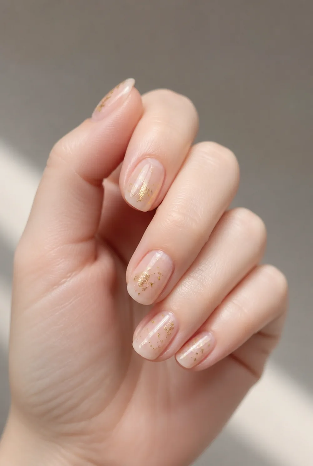 gold foil flakes nail art on fair skin short length - PolishedAndPrettyNails.com gold foil flakes nail art on fair skin, short length