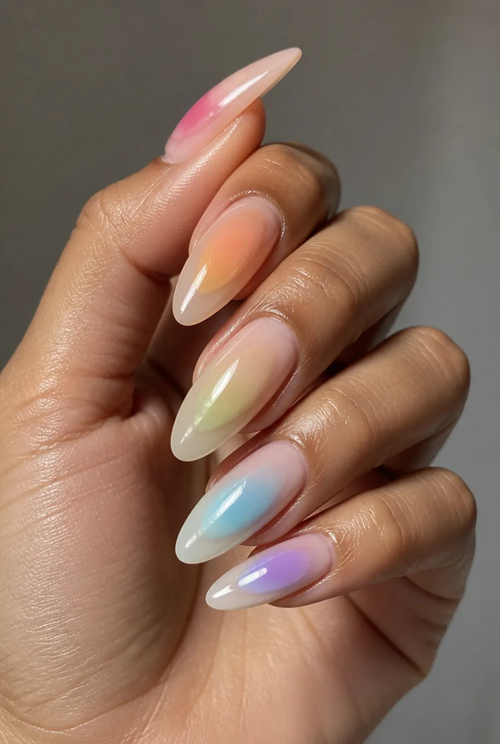 aura glow nail art on olive skin long length - PolishedAndPrettyNails.com aura glow nail art on olive skin, long length