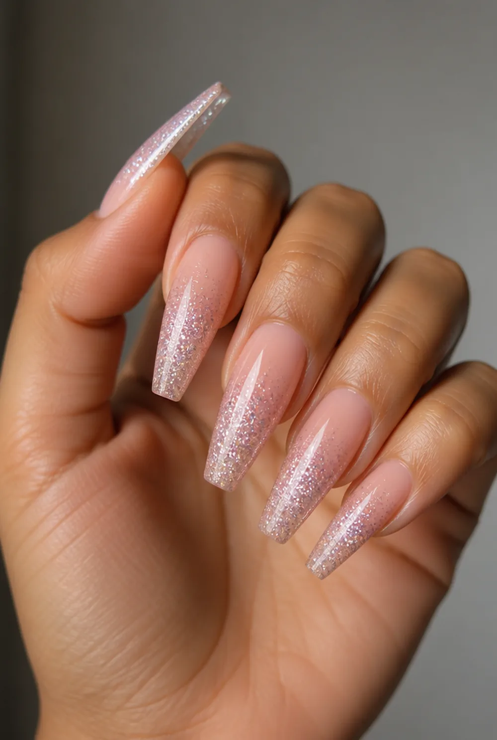 ombre glitter fade nail art on olive skin long length - PolishedAndPrettyNails.com ombre glitter fade nail art on olive skin, long length