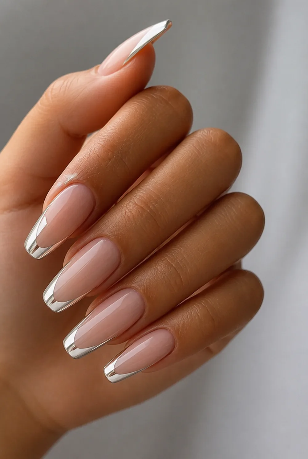 chrome french nail art on olive skin long length - PolishedAndPrettyNails.com chrome french nail art on olive skin, long length