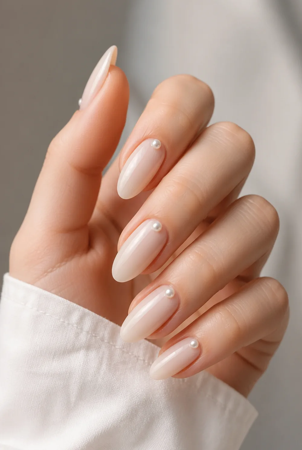 pearl drops nail art on fair skin short length - PolishedAndPrettyNails.com pearl drops nail art on fair skin, short length