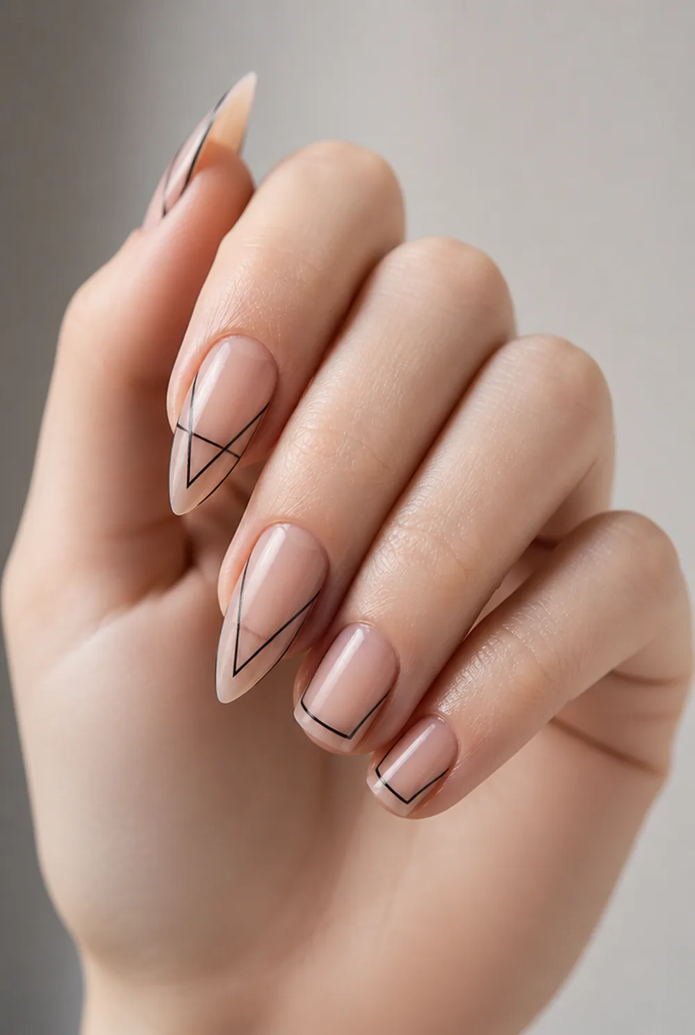 negative-space geometry nail art on fair skin short length - PolishedAndPrettyNails.com negative-space geometry nail art on fair skin, short length