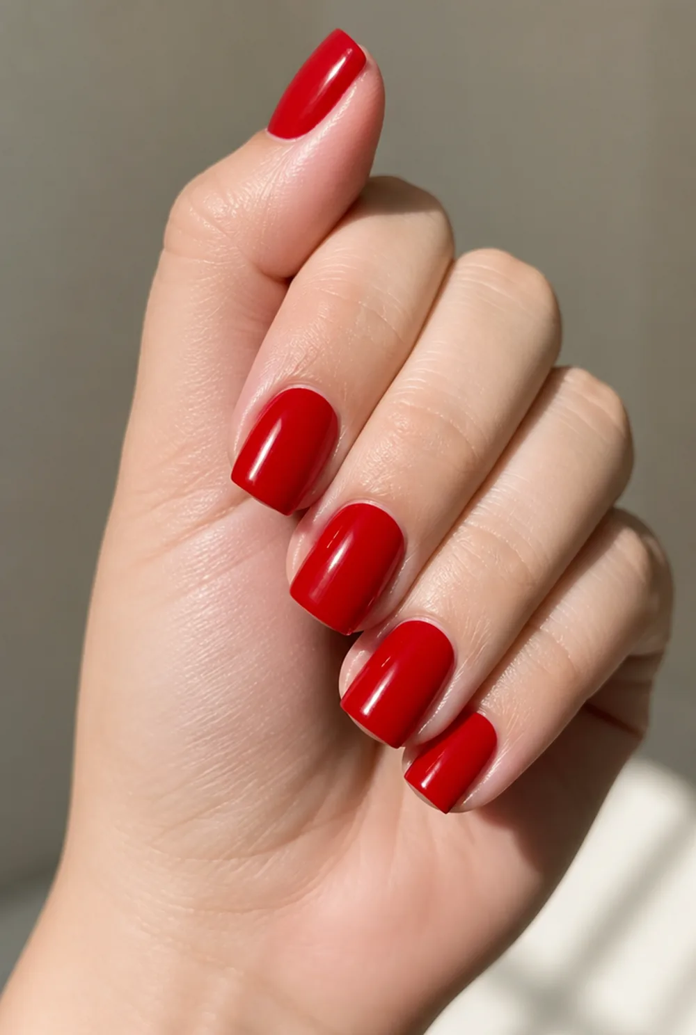 long square classic red nail art on fair skin short length - PolishedAndPrettyNails.com long square classic red nail art on fair skin, short length