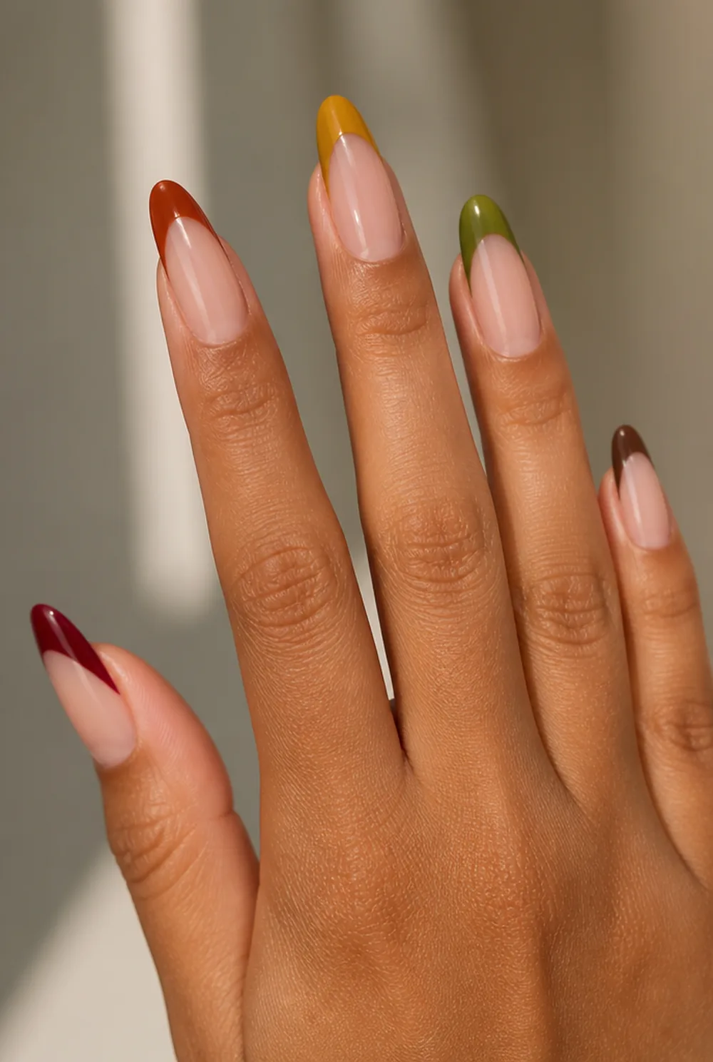 autumn gradient tips nail art on olive skin, long length