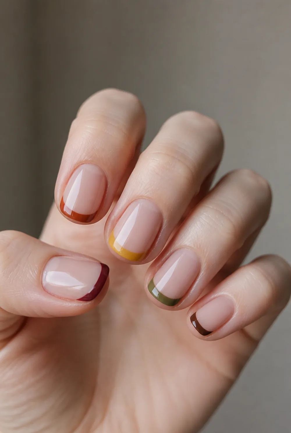 autumn gradient tips nail art on fair skin, short length