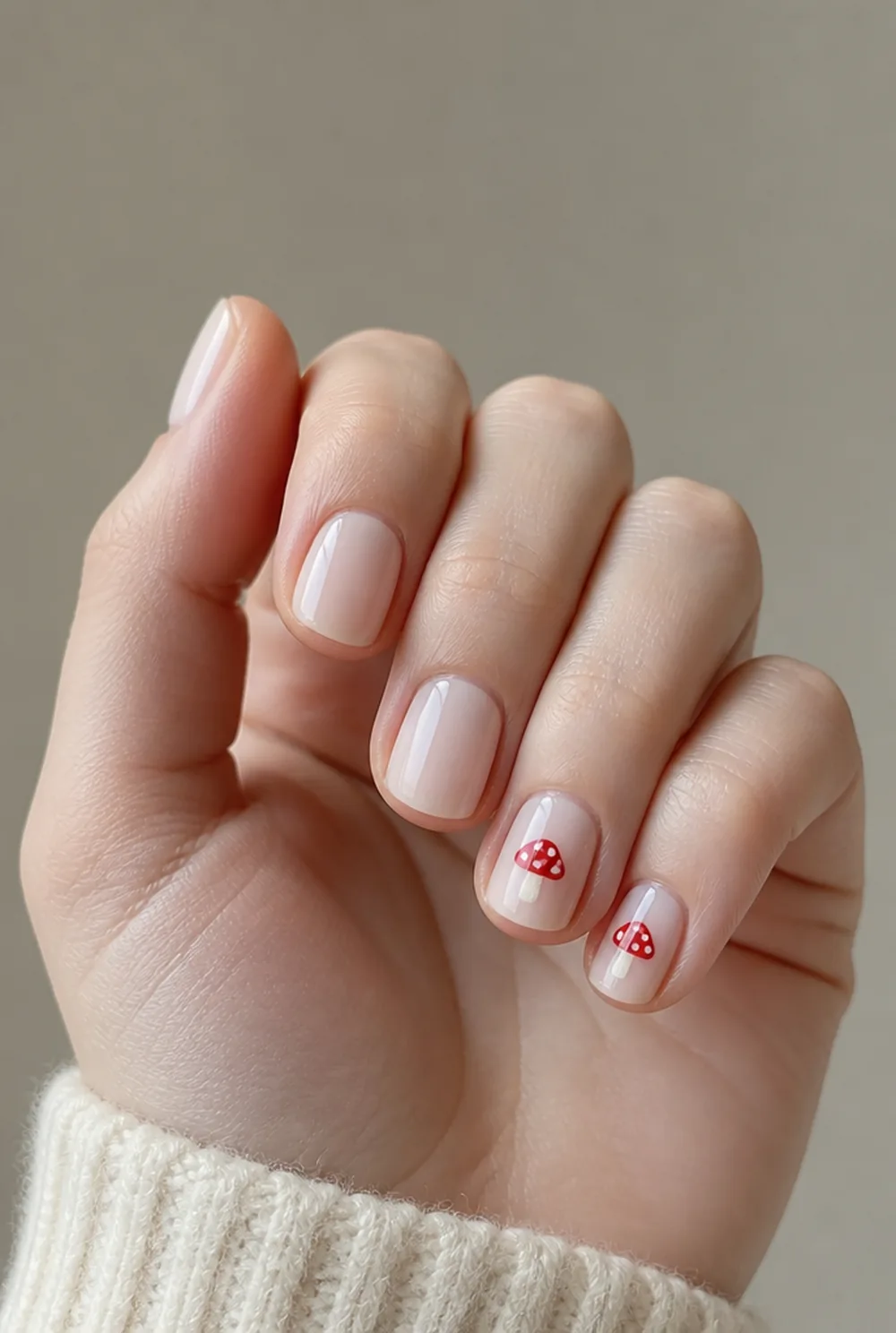 tiny mushrooms nail art on fair skin, short length