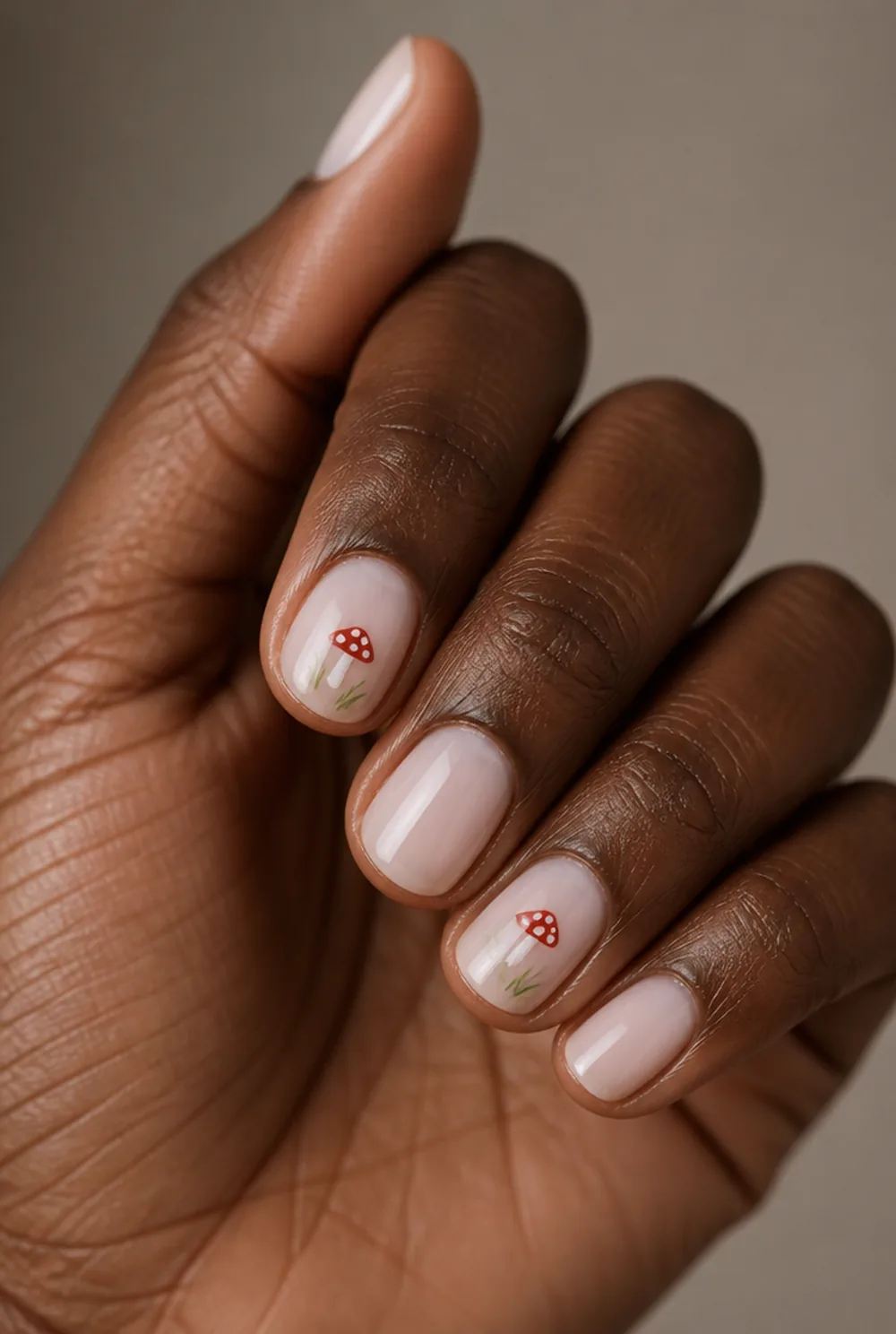 tiny mushrooms nail art on deep brown skin
