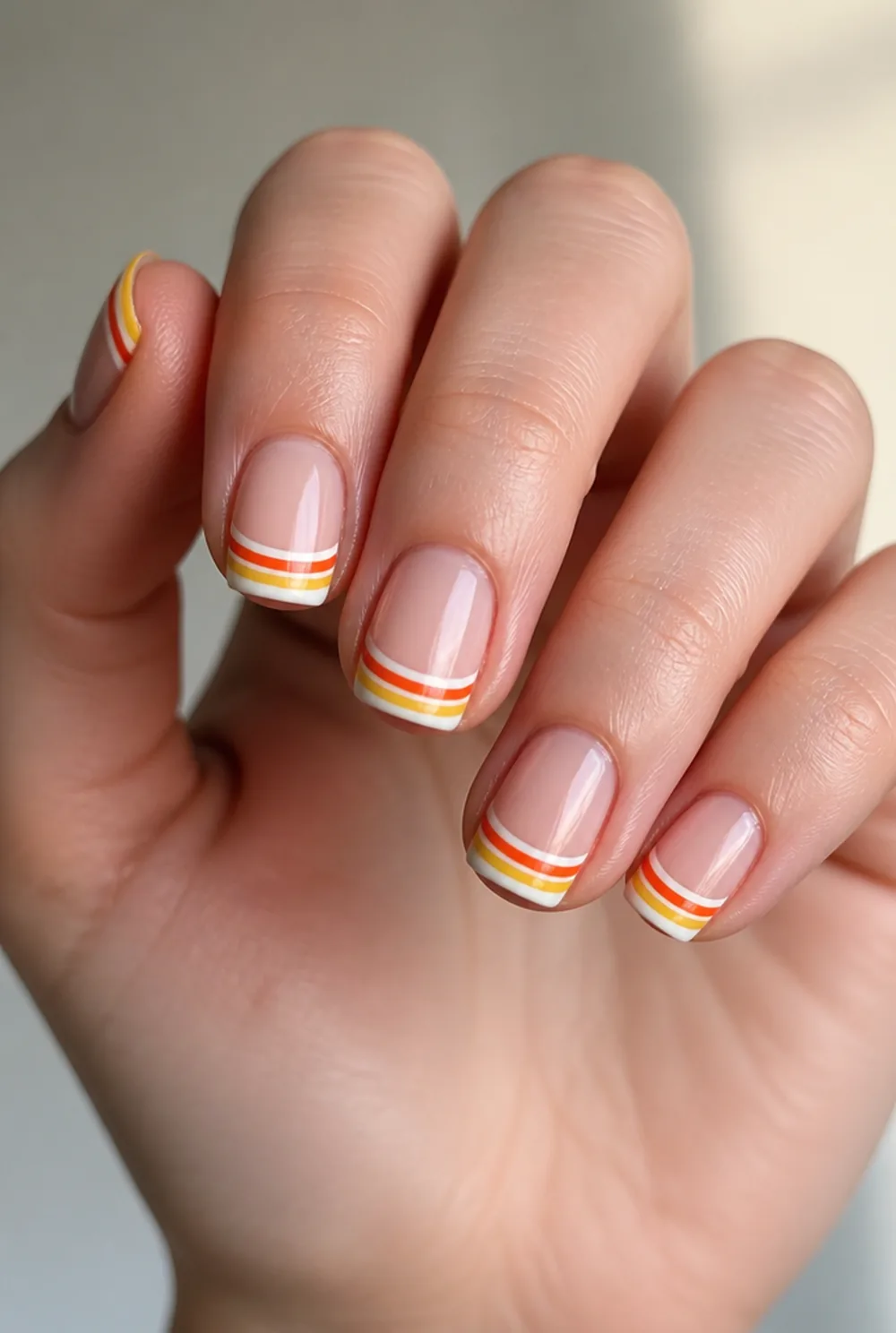 candy corn tips nail art on fair skin, short length