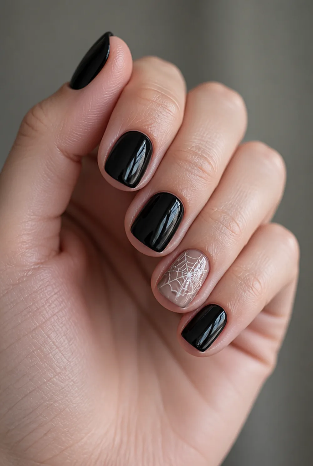 spiderweb accent nail art on fair skin, short length