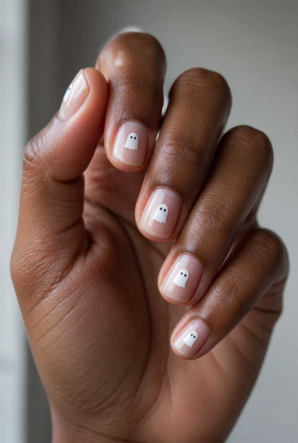 minimal ghosts nail art on deep brown skin